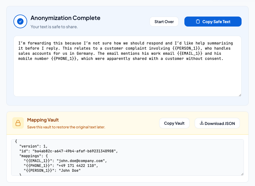 Example of anonymised text with placeholders ready to be copied into ChatGPT