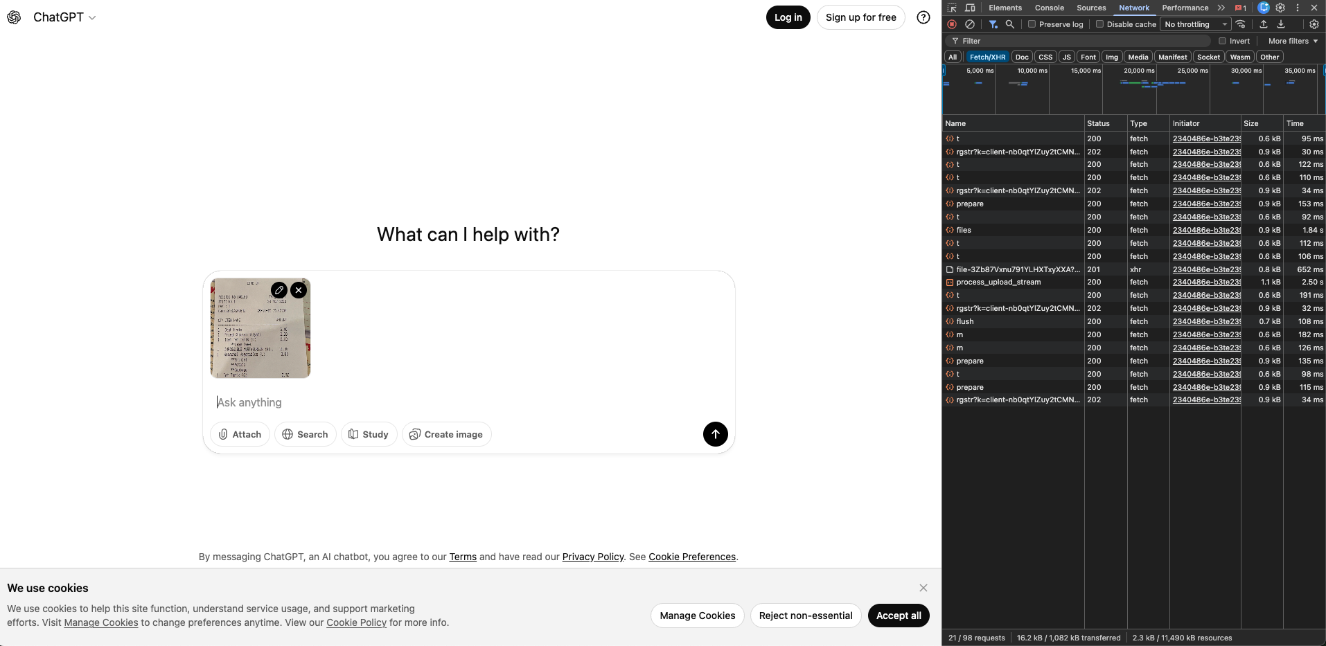 ChatGPT Network Inspector with Fetch/XHR filter showing upload requests