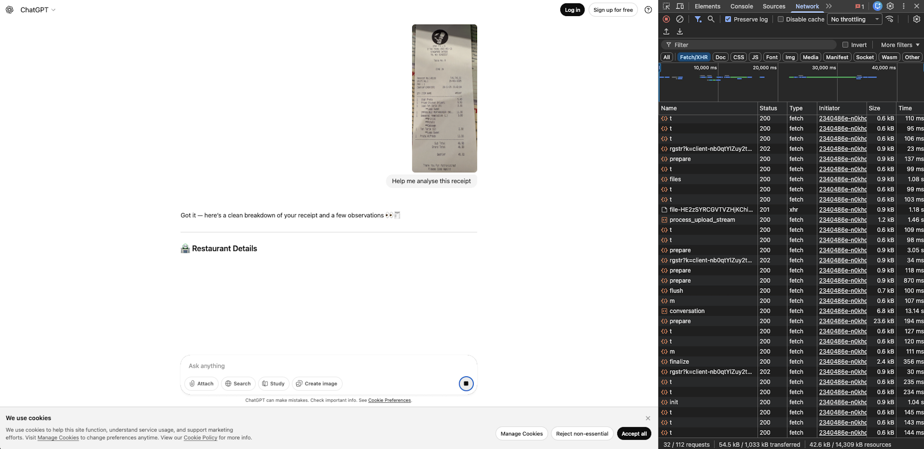 ChatGPT analyzing a receipt with Network Inspector showing 32 Fetch/XHR requests