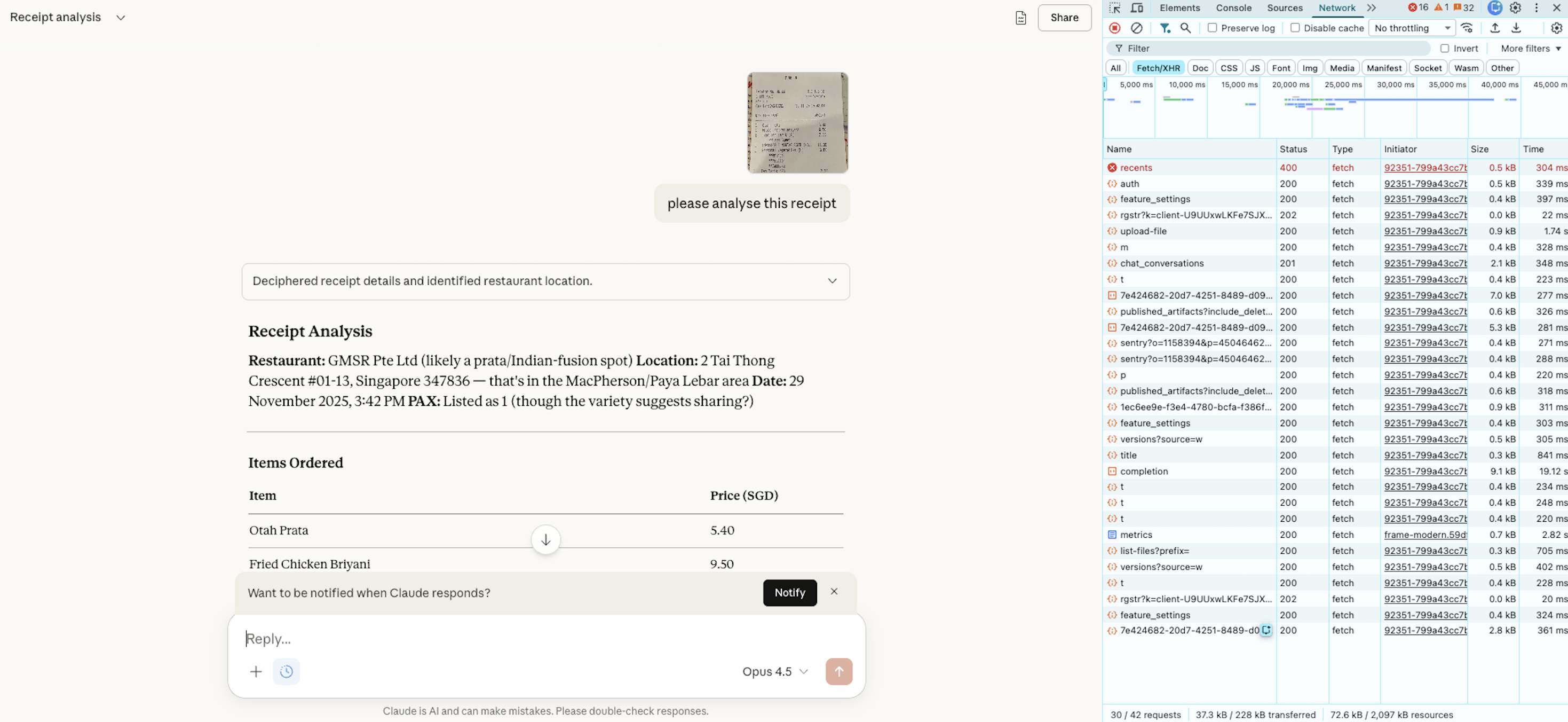Claude analyzing a receipt with Network Inspector showing 30 Fetch/XHR requests