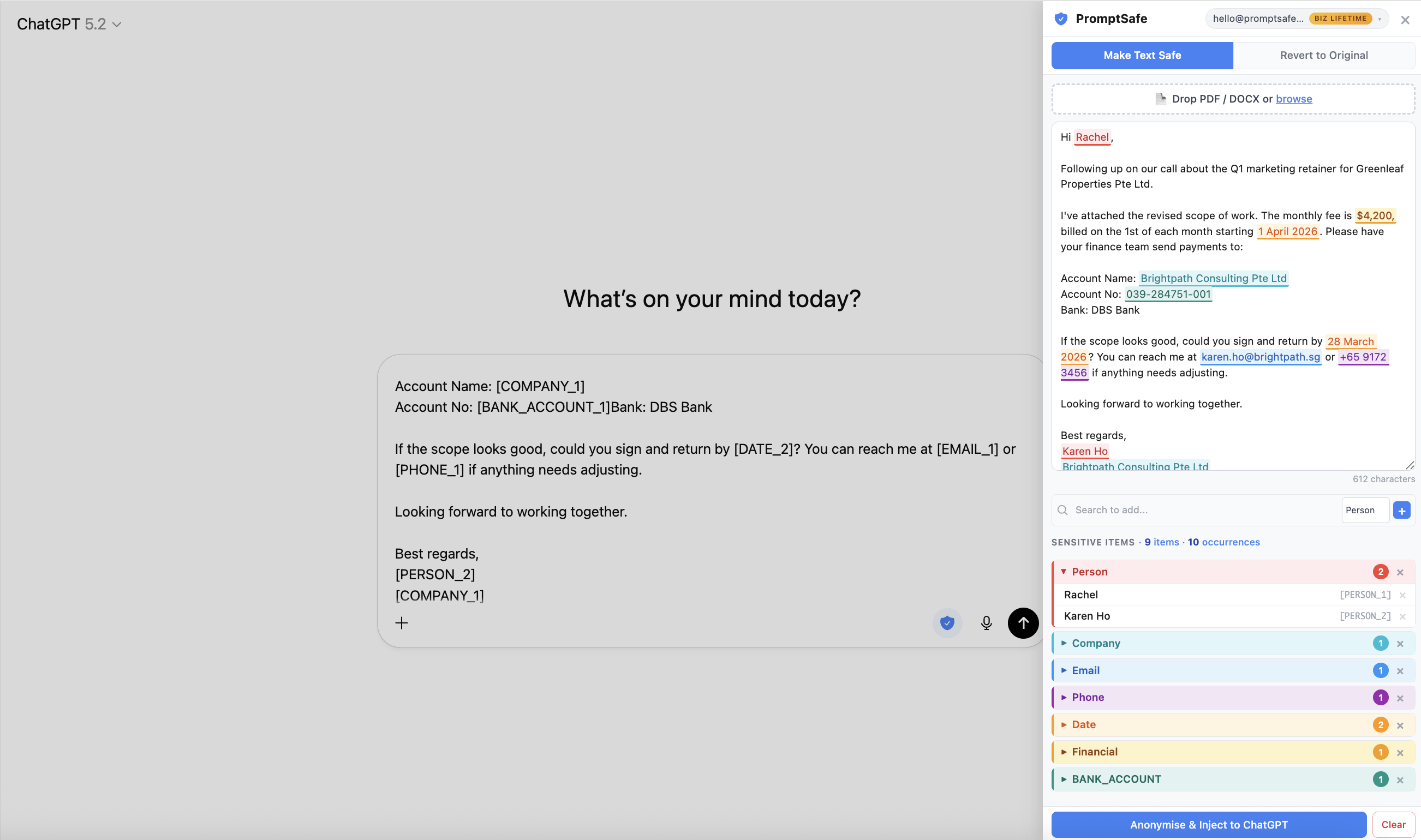 PromptSafe Chrome extension side panel showing highlighted client data next to ChatGPT with anonymised placeholders injected