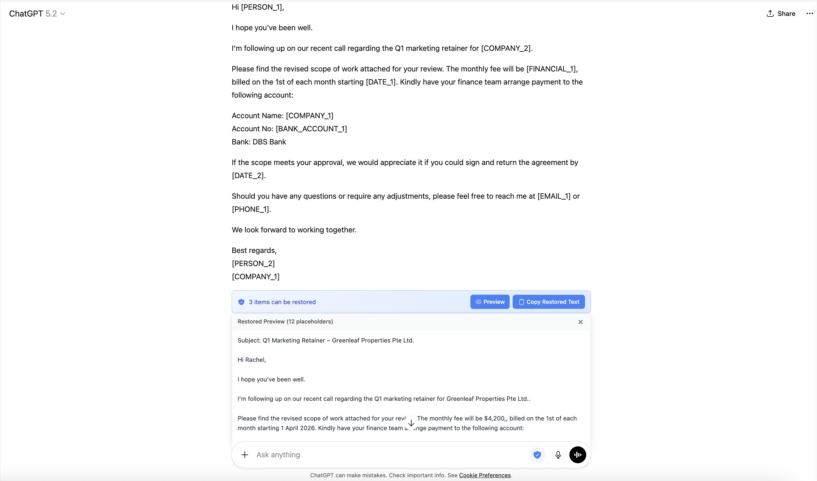 ChatGPT response using placeholders with blue restore banner showing restored preview with real client names