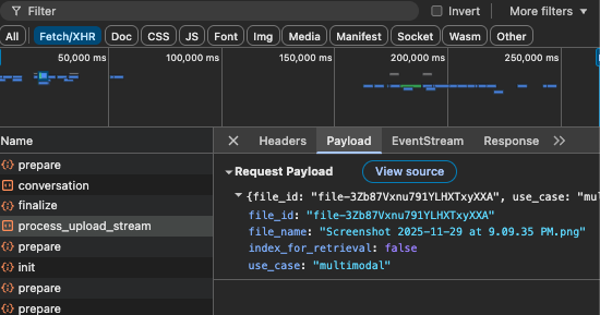 Network Inspector Payload tab showing file upload metadata with file_id and filename